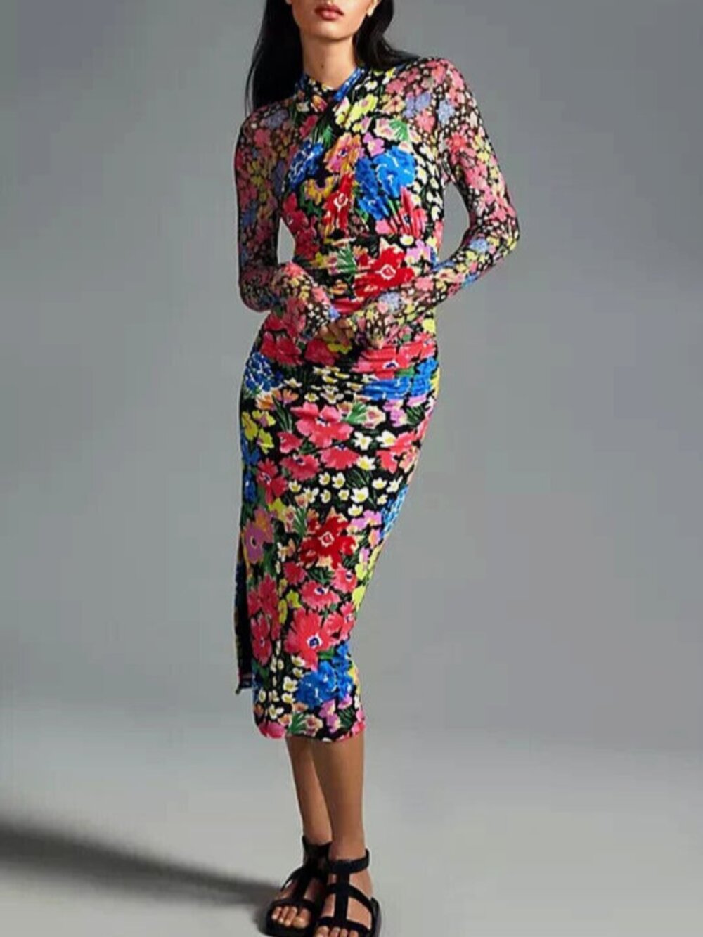 Anthropologie Long Sleeve Floral Mesh Halter Body-Con Midi Dress - Size M